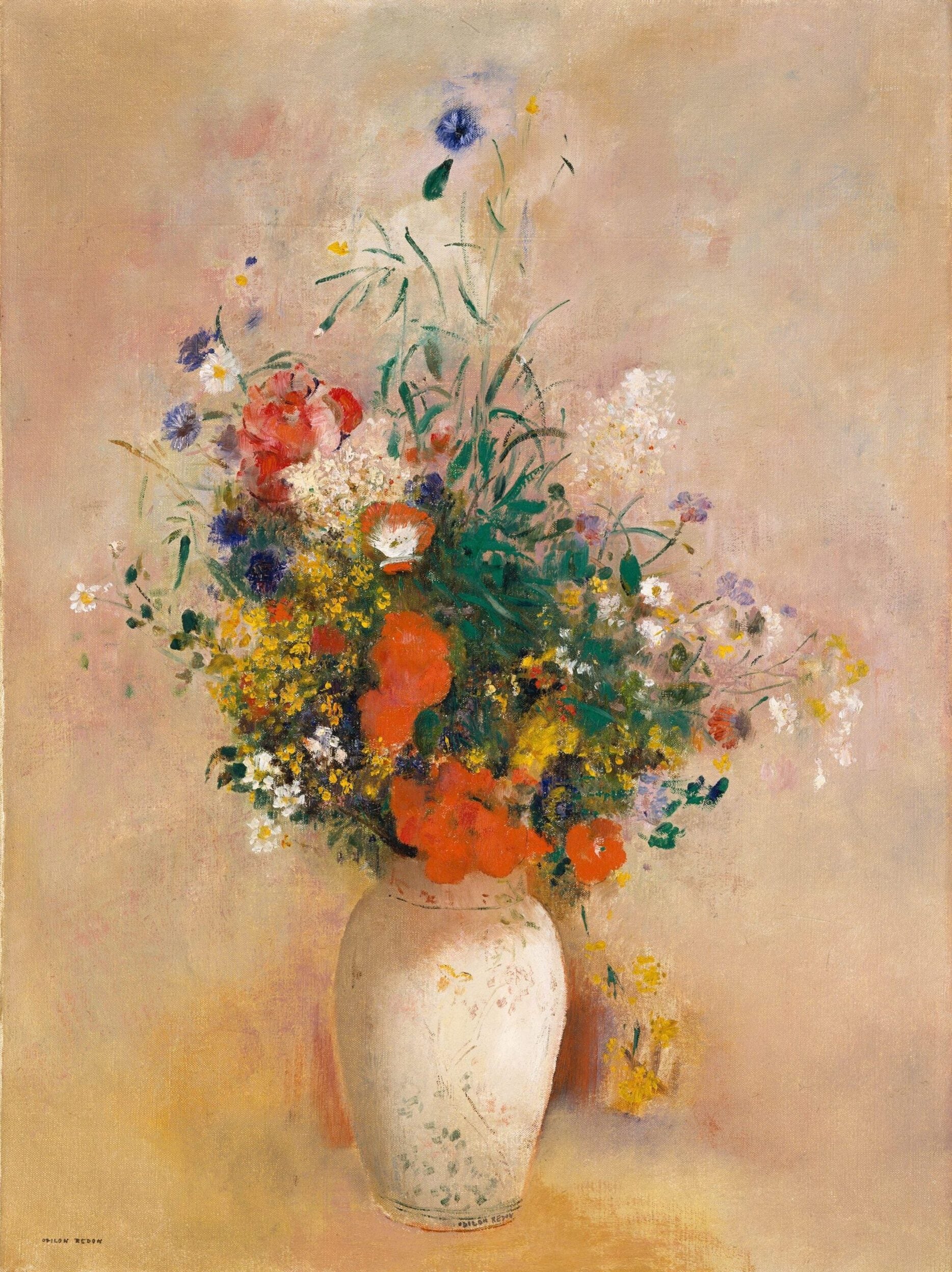 A vibrant bouquet of wildflowers, including reds, yellows, and blues, set in a white vase against a soft pastel background.