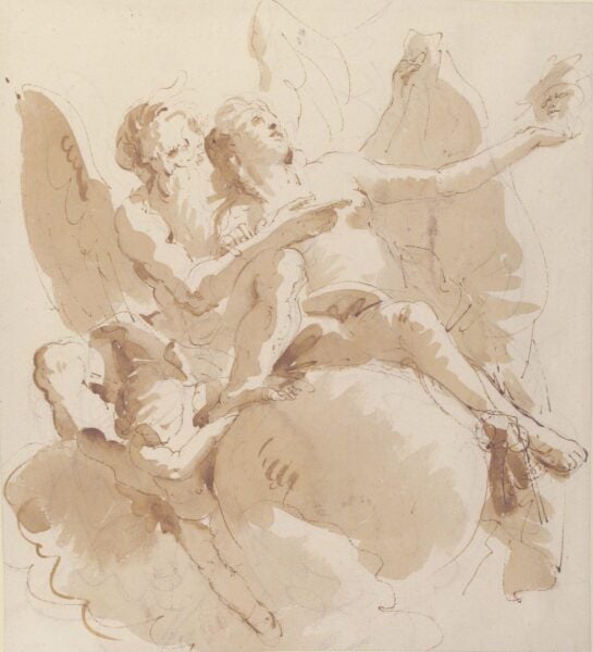 Sepia wash drawing of two winged figures on a cloud; one reclines and reaches upward while the other supports them from behind.