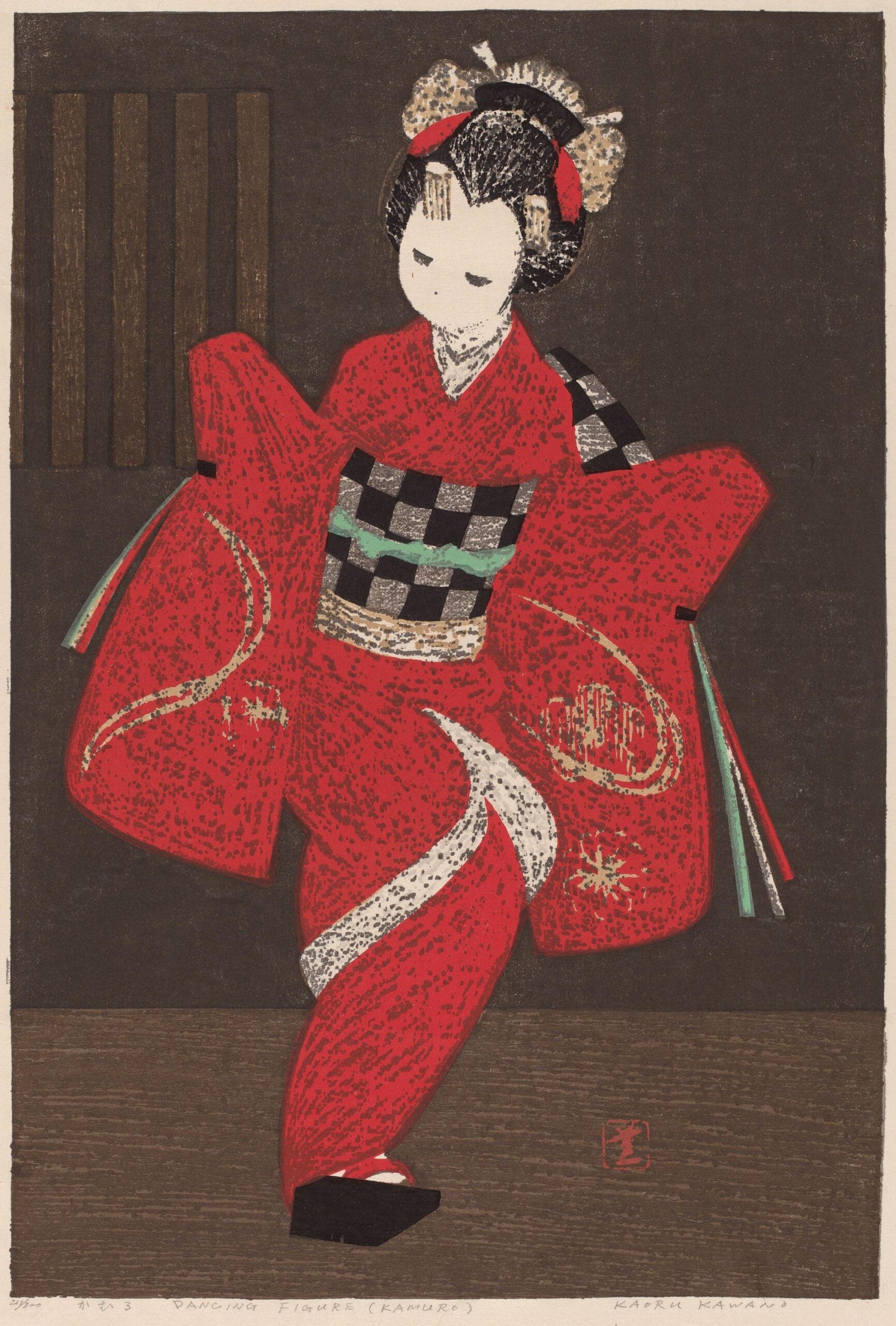 A stylized Japanese figure in a red kimono, adorned with geometric black and white patterns, gracefully poised against a dark background.