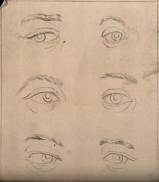 Pencil study sheet showing six human eyes in three rows, each with slight variations in eyelids, wrinkles, and gaze.