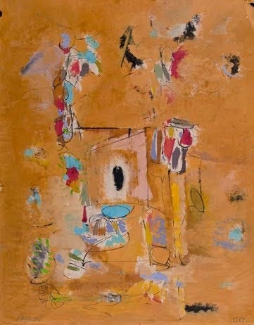 Abstract orange painting with scattered colorful forms outlined in black and white. The composition suggests movement through layered shapes and textures.