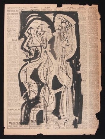 Ink drawing on aged newsprint depicting two abstracted human profiles outlined in black, with bold black blocks of ink filling the background.