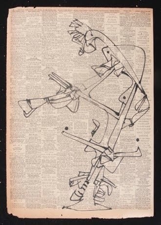 Ink drawing on aged newspaper showing angular, overlapping abstract forms resembling figures and instruments. Fine lines intersect with the printed text beneath.