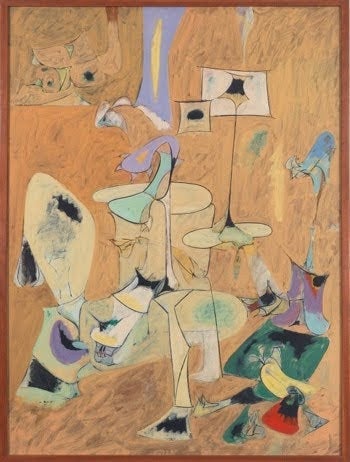 Colorful abstract composition with organic, interlocking shapes in ochre, green, lavender, and blue tones against a warm orange-brown background.