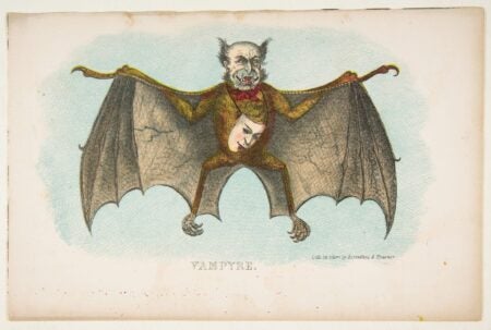 An illustrated depiction of a vampyre-like creature with human and bat-like features. The figure has a wrinkled face with a sinister expression, fanged teeth, and pointy ears. It has the body and wings of a bat, with clawed feet gripping downward. Uniquely, the creature carries a second, mask-like human face attached to its chest. The artwork has a vintage style, with muted colors and hand-drawn shading, and is captioned "Vampyre" at the bottom. A small text on the right corner reads, “Lith. in colors by Rosenthal & Kramer.