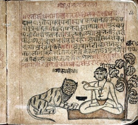 A page from an old manuscript featuring handwritten text in Devanagari script, likely in red and black ink. Below the text, an illustration depicts a seated man with a shaved head and a loincloth, holding a ritual object. To his left is a tiger-like animal with human-like facial features, lying down. To the right are decorative plants, suggesting a natural or symbolic setting. The page shows visible wear, with uneven edges, hinting at its age and historical significance.