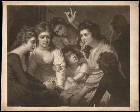 A black-and-white engraving depicting an intimate scene of storytelling, likely from the late 18th century. The artwork features a group of women and children gathered closely, their expressions filled with a mixture of suspense, curiosity, and fear. One central woman gestures dramatically with her hand raised, as if narrating a gripping tale, while the others listen attentively. A young child gazes up at the storyteller with wide eyes, clutching another woman's arm. The shading and soft details create a sense of emotional depth, emphasizing the engagement of the group. In the background, a shadowy figure adds an air of mystery, enhancing the dramatic atmosphere. This piece captures the essence of storytelling as a communal experience.