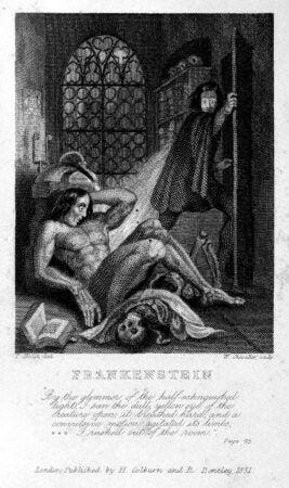 A black-and-white engraving depicting a dramatic scene from Mary Shelley’s Frankenstein. In the foreground, a muscular, naked figure—Frankenstein's creature—reclines awkwardly on the ground, seemingly just awakened, with a twisted expression on its face. Scattered near the creature is an open book, bones, and a cloth. In the background, Victor Frankenstein stands at the threshold of a doorway, wearing a long cloak, looking back with a mixture of fear and astonishment. Behind him, an arched window lets in faint light, emphasizing the gothic atmosphere. Below the illustration, a passage from the novel is quoted, beginning, “By the glimmer of the half-extinguished light...” The engraving was created by Theodore von Holst and published by H. Colburn and R. Bentley in 1831.