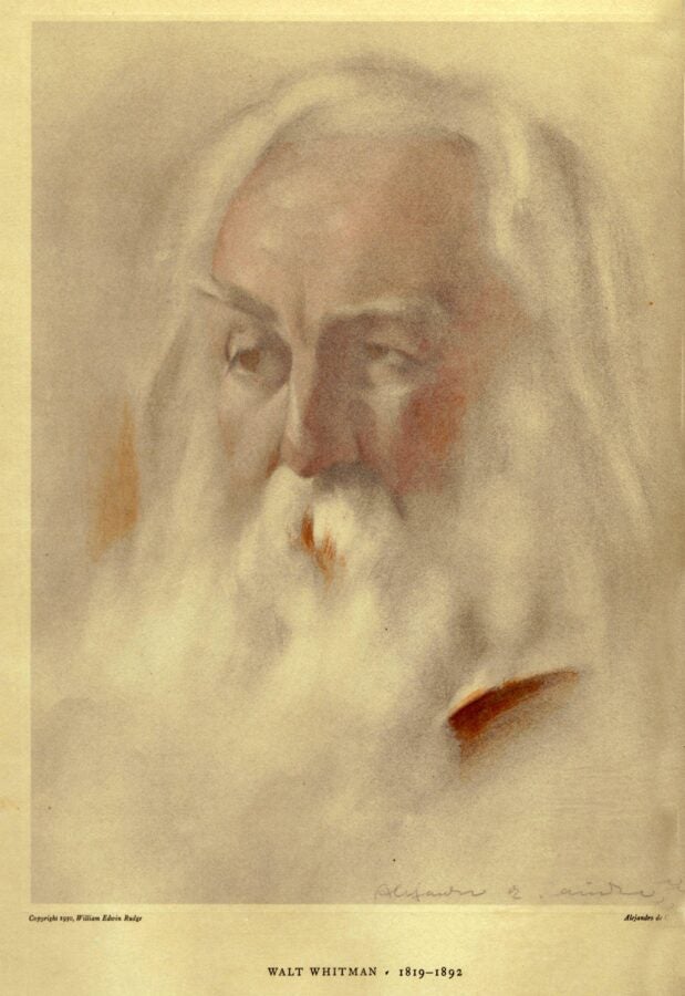 Soft-toned portrait of Walt Whitman with long white hair and beard, rendered in a gentle, atmospheric style.