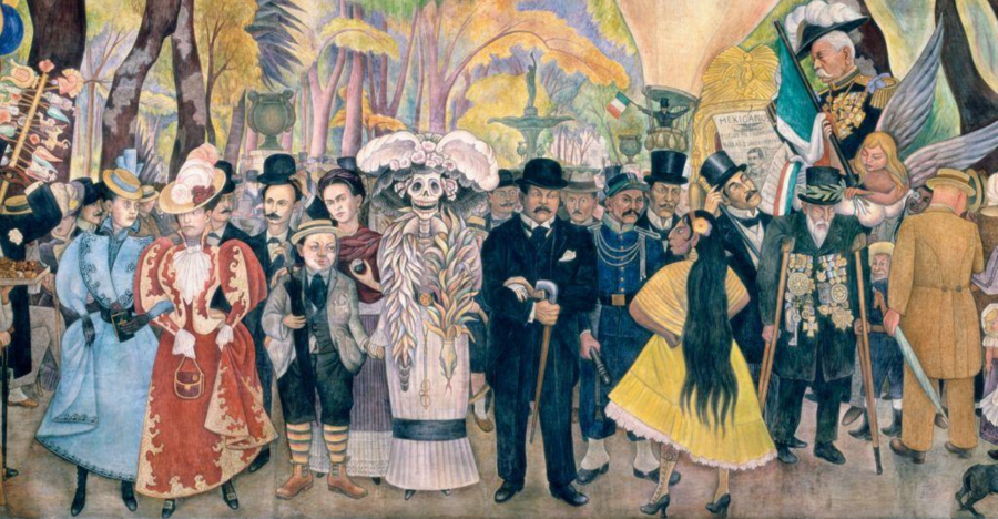 A colorful mural scene by Diego Rivera from 1947-48, showing various historical figures, including La Catrina, amidst a bustling crowd in Mexico City's Alameda Central park.