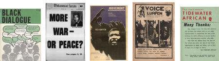 This image showcases five publications related to African American history and social movements:Black Dialogue: A cover featuring a dialogue among African American figures with speech bubbles addressing themes of black capitalism and cultural questions. Muhammad Speaks: A newspaper front page with the headline "More War — Or Peace?" and an image of Elijah Muhammad, indicating a focus on socio-political discussions. Movement: A cover featuring a bold depiction of Fred Hampton, emphasizing activism and revolutionary efforts. Voice of the Lumpen: A publication from a revolutionary communications network, with imagery and text discussing prison and systemic oppression. The Tidewater African: A newsletter titled "Many Thanks," expressing gratitude for support in justice efforts, likely related to military or civil rights campaigns.