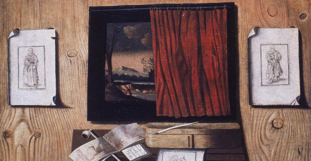 A 17th-century trompe l’oeil painting by Andrea Gottardo Remps, depicting an assortment of drawings, prints, and a framed landscape partially hidden by a red curtain. The artwork creates an illusion of a wooden board adorned with various paper sketches and a small stack of books.