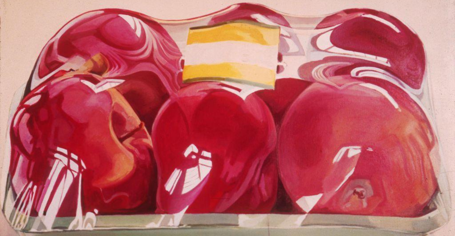 A painting depicting several red apples encased in a clear plastic tray with a small yellow and white label on top. The plastic wrap creates reflective highlights and distortions on the apples, adding a sense of depth and texture. The apples appear fresh, vibrant, and are tightly packed together, emphasizing the mass-produced packaging commonly found in grocery stores. The artwork captures both the natural beauty of the apples and the artificial presentation of commercial packaging.