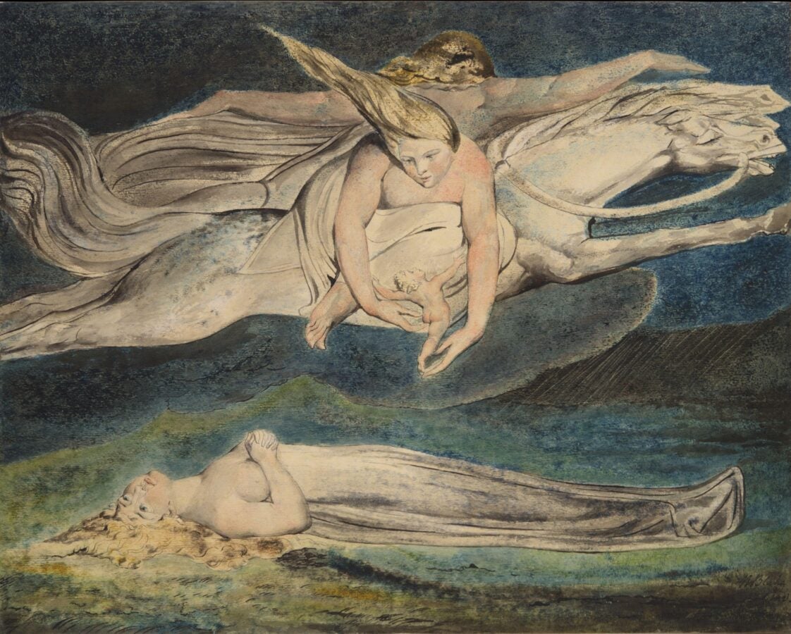 A mystical artwork by William Blake, circa 1795, titled "Pity." The scene depicts a celestial figure with flowing hair, draped in ethereal robes, riding a galloping white horse. The figure gracefully reaches downward, cradling a small, delicate child. Below, a reclining figure lies peacefully on the ground, wrapped in a soft shroud, surrounded by an otherworldly blue and green landscape. The composition conveys a sense of movement, compassion, and transcendence.