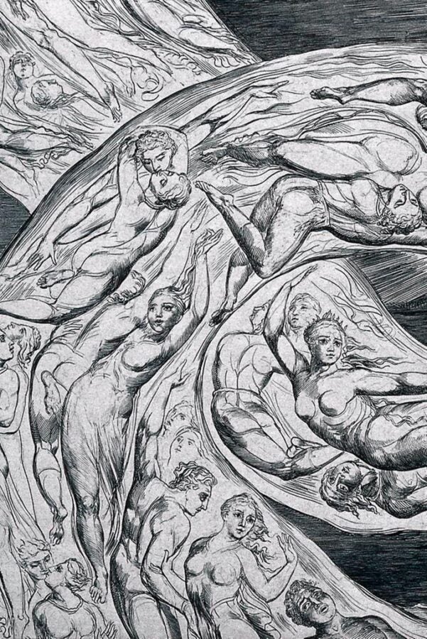 A dynamic and intricate illustration by William Blake, depicting the "Circle of the Lustful" from Dante's *Inferno*. The image portrays swirling, intertwined figures caught in a turbulent whirlwind, symbolizing the eternal punishment of the lustful. The figures are rendered with delicate lines and expressive postures, capturing their anguish and longing. The composition emphasizes movement and chaos, creating a haunting and emotional representation of the torment of unrestrained passion.