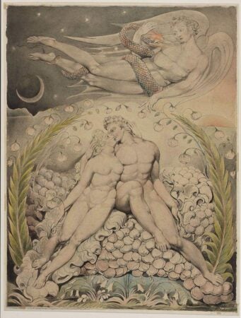 An intricate artwork by William Blake, titled "Satan Watching the Caresses of Adam and Eve," created in 1808. The composition depicts a celestial scene with Adam and Eve seated amidst a lush, floral paradise, embracing each other tenderly. Above them, Satan hovers ominously, entwined with a serpent and surrounded by a cosmic backdrop of stars and a crescent moon. The work is rich in symbolic elements, blending themes of love, temptation, and celestial oversight, highlighted by Blake's distinctive, detailed style.