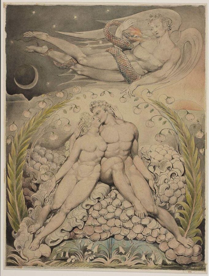 An intricate artwork by William Blake, titled "Satan Watching the Caresses of Adam and Eve," created in 1808. The composition depicts a celestial scene with Adam and Eve seated amidst a lush, floral paradise, embracing each other tenderly. Above them, Satan hovers ominously, entwined with a serpent and surrounded by a cosmic backdrop of stars and a crescent moon. The work is rich in symbolic elements, blending themes of love, temptation, and celestial oversight, highlighted by Blake's distinctive, detailed style.