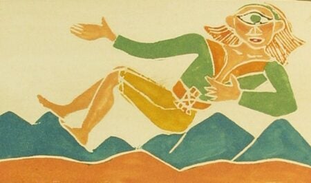 A colorful illustration by André Derain, from 1943, depicting a whimsical and stylized figure with a single eye at the center of their forehead, reclining against a backdrop of blue mountain shapes. The figure has bright orange hair, a green and yellow outfit, and expressive gestures, creating a playful and surreal atmosphere.