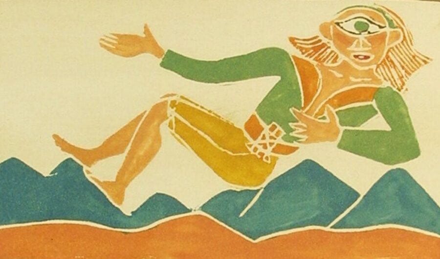 A colorful illustration by André Derain, from 1943, depicting a whimsical and stylized figure with a single eye at the center of their forehead, reclining against a backdrop of blue mountain shapes. The figure has bright orange hair, a green and yellow outfit, and expressive gestures, creating a playful and surreal atmosphere.