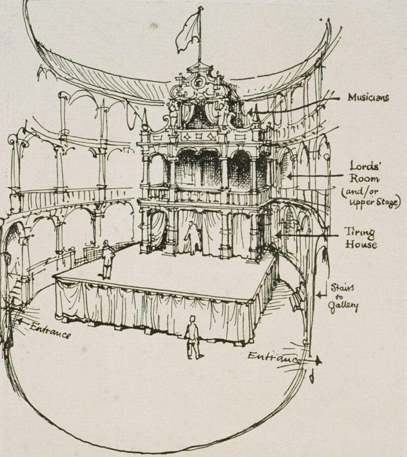 A detailed pen-and-ink sketch of the interior of the Globe Theatre, depicting its structural layout and labeled components. The central stage is surrounded by a circular gallery, supported by ornate columns. Key areas are marked, including the "Musicians' Gallery," "Lords' Room (and/or Upper Stage)," "Tiring House," and entrances. The open-air structure captures the architectural elegance of the Elizabethan era, with intricate designs and a prominent flag atop the central stage, signifying an ongoing performance. The drawing emphasizes functional and decorative aspects of the historic playhouse.