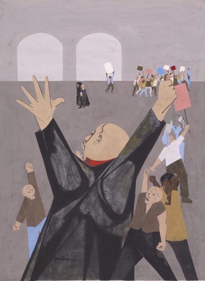 A dynamic artwork by Jacob Lawrence, created around 1965, depicting a protest rally. The composition features a large, gesturing figure in the foreground with outstretched arms, commanding attention and energy. Surrounding them are smaller figures raising fists and holding colorful protest signs, representing a unified movement. The background includes arches and additional demonstrators, adding depth to the scene. Lawrence's bold shapes, muted tones, and expressive figures convey the tension, passion, and solidarity of collective action during a time of social change.