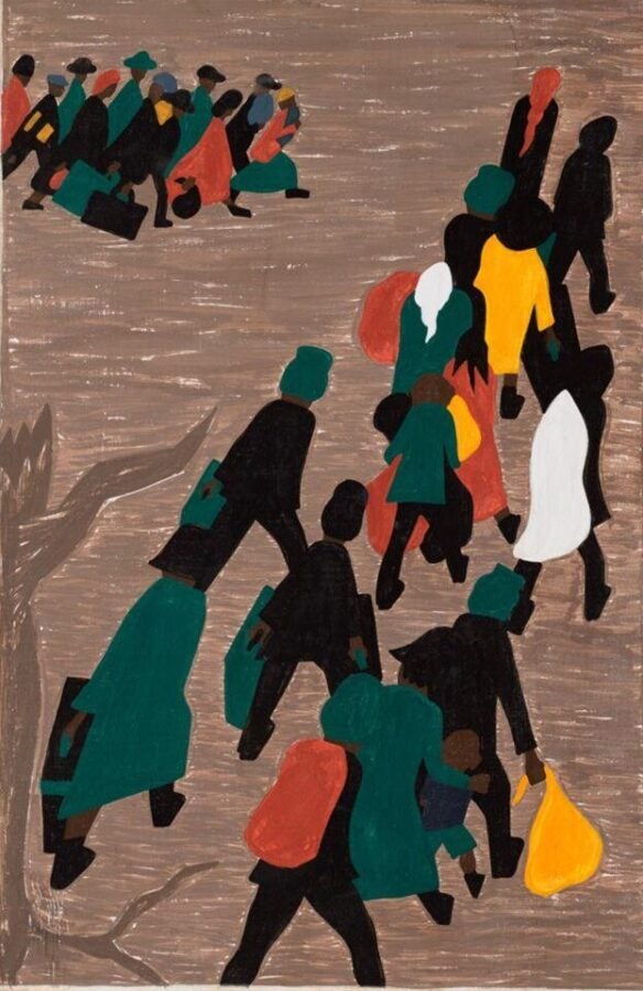 An artwork by Jacob Lawrence from the *Migration Series* (1940–1941), illustrating a group of people in motion. The composition features silhouetted figures, some carrying bags and belongings, moving purposefully across a textured brown background. The use of bold colors like green, yellow, red, and black emphasizes the figures and their collective journey. In the background, smaller groups sit, symbolizing rest or waiting. The piece powerfully conveys themes of migration, resilience, and determination through its stylized forms and dynamic arrangement.