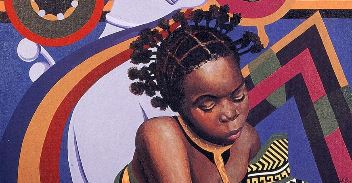 A vibrant 1982 painting by Lois Mailou Jones titled Two African Hairstyles. The artwork features a young girl with a traditional African hairstyle, her head slightly bowed. Behind her is a stylized profile of an African mask or figure in white, adorned with intricate patterns. The background is a rich tapestry of bold geometric shapes and bright colors, including orange, red, green, and black, evoking African cultural motifs and heritage. The composition emphasizes the beauty and cultural significance of African hairstyles and artistry.