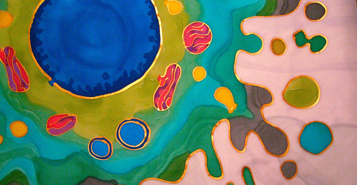 Abstract representation of cellular apoptosis by artist Odra Noel. The colorful artwork, titled 'Apoptosis,' features vibrant organic shapes in shades of blue, green, yellow, and red, representing a stylized view of a cell and its components. The image evokes the process of programmed cell death, with dynamic, flowing forms and intricate textures. Part of the collection at The Metropolitan Museum of Art.