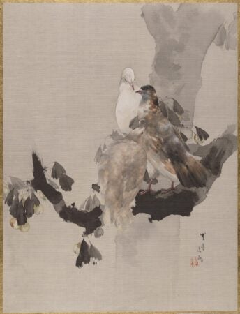 A delicate Japanese painting depicting a group of pigeons perched on a tree branch. The composition features soft, natural tones with intricate detailing of the birds' feathers and subtle textures of the branch and leaves. One white pigeon stands out among the muted browns and grays of the others, creating a gentle contrast. The background is minimal and light, focusing attention on the serene interaction between the birds. This traditional artwork exudes harmony and an appreciation for the quiet beauty of nature.