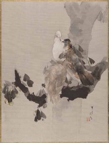 A delicate Japanese painting depicting a group of pigeons perched on a tree branch. The composition features soft, natural tones with intricate detailing of the birds' feathers and subtle textures of the branch and leaves. One white pigeon stands out among the muted browns and grays of the others, creating a gentle contrast. The background is minimal and light, focusing attention on the serene interaction between the birds. This traditional artwork exudes harmony and an appreciation for the quiet beauty of nature.