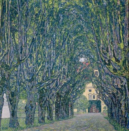 A vibrant painting of a tree-lined avenue leading to a distant building, likely a manor or castle. The towering trees form an arch-like canopy, their intertwining branches creating a sense of depth and rhythm. The rich green hues of the foliage are accented with touches of blue and gold, characteristic of Gustav Klimt's style. The dappled light on the path and the intricate textures evoke a serene and enchanting atmosphere, guiding the viewer's eye toward the inviting structure at the end of the avenue.