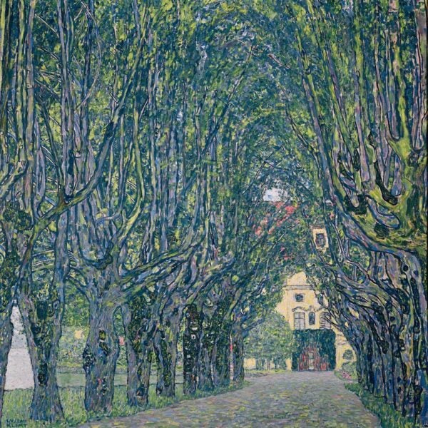 A vibrant painting of a tree-lined avenue leading to a distant building, likely a manor or castle. The towering trees form an arch-like canopy, their intertwining branches creating a sense of depth and rhythm. The rich green hues of the foliage are accented with touches of blue and gold, characteristic of Gustav Klimt's style. The dappled light on the path and the intricate textures evoke a serene and enchanting atmosphere, guiding the viewer's eye toward the inviting structure at the end of the avenue.