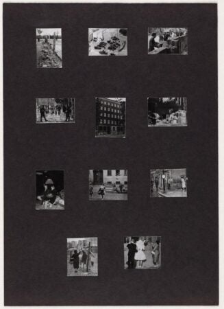 A black-and-white collage featuring a grid of small photographs mounted on a dark background. The images depict various urban scenes, including people walking, sitting, and engaging in daily activities. The composition appears to explore themes of city life, movement, and public spaces.