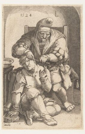 A 16th-century engraving depicting a medieval surgical procedure or a satirical representation of medical practices of the time. The artwork shows an older man, likely a barber-surgeon or healer, wearing a cap and fur-lined clothing, performing a procedure on a seated patient. The patient appears distressed, with a grimace and hand gestures suggesting discomfort. The scene includes modest surroundings, emphasizing the rudimentary nature of early medicine. The year "1524" is inscribed at the top, adding historical context to the image.