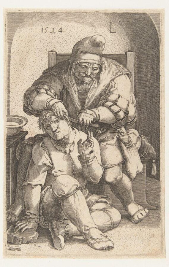 A 16th-century engraving depicting a medieval surgical procedure or a satirical representation of medical practices of the time. The artwork shows an older man, likely a barber-surgeon or healer, wearing a cap and fur-lined clothing, performing a procedure on a seated patient. The patient appears distressed, with a grimace and hand gestures suggesting discomfort. The scene includes modest surroundings, emphasizing the rudimentary nature of early medicine. The year "1524" is inscribed at the top, adding historical context to the image.