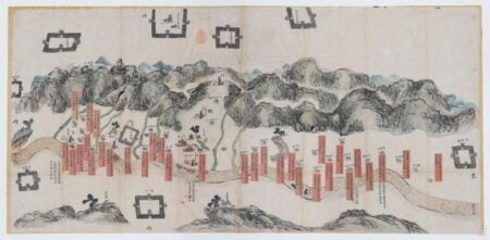 A historical hand-drawn map titled 山西平陸縣輿圖 (Shanxi Pinglu County Map), dated between 1644–1912. The map features detailed illustrations of mountainous terrain, rivers, and labeled structures in traditional Chinese calligraphy. Red markers highlight specific locations or landmarks, while black outlines depict walled areas or fortifications. The artwork provides a rich depiction of the geographic and administrative layout of Shanxi Pinglu County during the Qing Dynasty era.