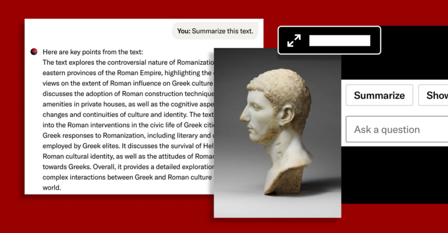 An illustrative graphic combining textual and visual elements. On the left, a text box highlights a summarization prompt, reading: 'You: Summarize this text' followed by a detailed response about Romanization in the eastern provinces of the Roman Empire. On the right, there is a photo of an ancient Roman marble bust in profile view, depicting a bearded man. The background features a red and black design with a search interface and buttons labeled 'Summarize' and 'Ask a question.'