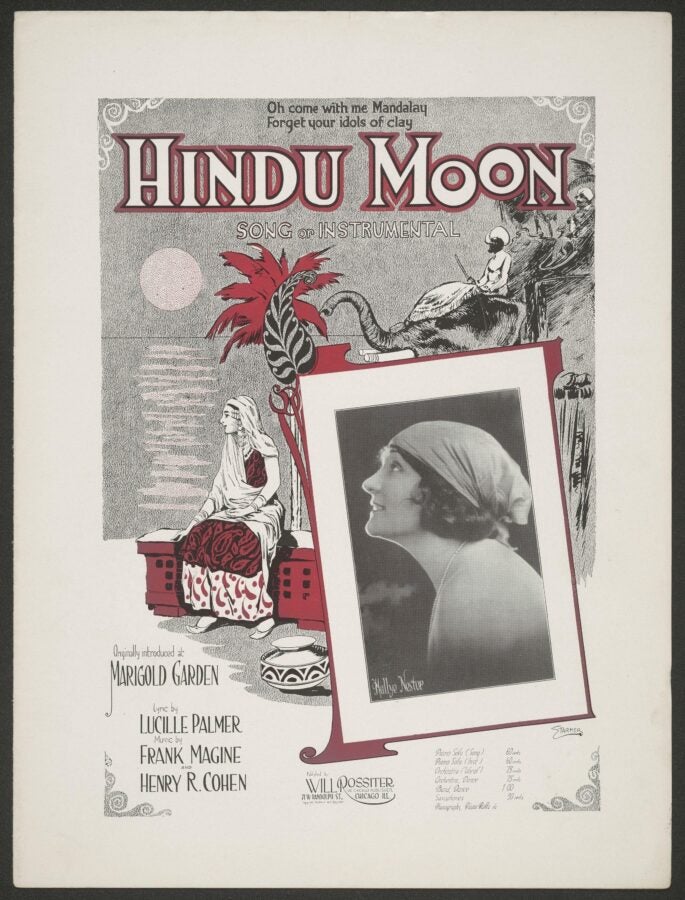 Vintage sheet music cover titled Hindu Moon, featuring a photograph of a woman and an illustration of an elephant and a seated figure.