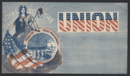 A patriotic illustration titled Loyal to the Union, representing the state of New Hampshire. The design features a female figure draped in a star-spangled banner, symbolizing liberty and unity. She holds a pole topped with a banner labeled "Liberty." Below her, a circular vignette depicts a ship docked at a port with people gathered, emphasizing New Hampshire's maritime heritage. The bold word "UNION" appears on the right, styled with stars and stripes, reinforcing the theme of loyalty to the United States during the Civil War era.