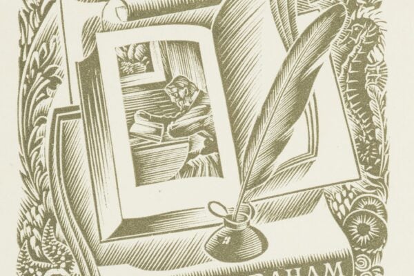 A wood engraving bookplate featuring an open book, a quill pen in an inkwell, and a scroll with the words "Ex Libris" at the top. The bookplate bears the name "David H. Graham" at the bottom, and within the open book, there is an illustration of a scholar reading at a desk. Ornamental elements, including foliage and intricate patterns, frame the composition.
