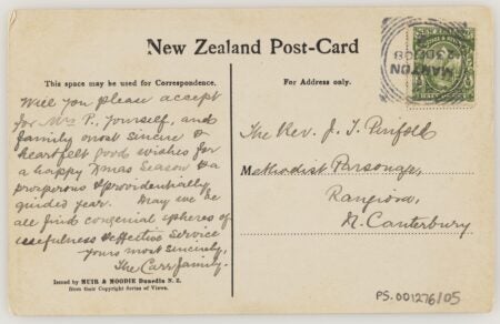 A vintage New Zealand postcard from the early 1900s. The left side contains handwritten correspondence expressing heartfelt wishes for a happy Christmas season and a prosperous new year. The right side is addressed to "The Rev. J. J. Pinfold, Methodist Parsonage, Rangiora, N. Canterbury." A green postage stamp from New Zealand is affixed in the top-right corner, postmarked with a clear date. The postcard is issued by Muir & Moodie, Dunedin, N.Z., as part of their copyright series of views.