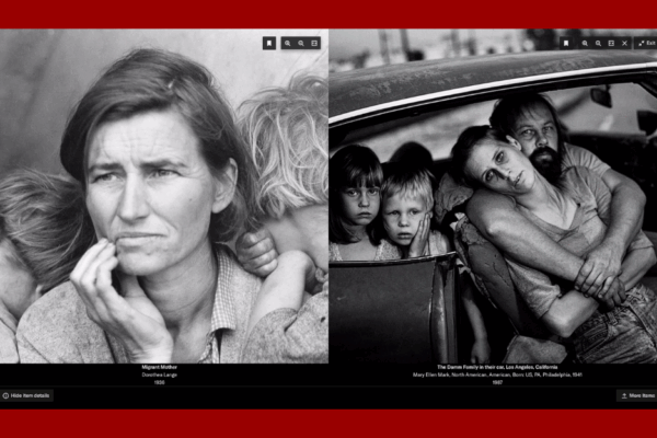 A side-by-side comparison of two iconic documentary photographs. On the left is Dorothea Lange’s "Migrant Mother" (1936), a black-and-white image of a worn-faced woman with two children leaning against her, representing the struggles of the Great Depression. On the right is Mary Ellen Mark’s "The Damm Family in Their Car, Los Angeles, California" (1987), depicting a disheveled family inside a run-down car, with a mother leaning into the father’s arms and children staring solemnly at the camera, symbolizing hardship and poverty in late-20th-century America.