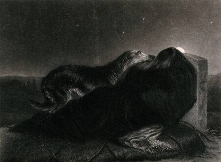 A mezzotint print from 1836 depicting a grieving young woman dressed in black and wearing a veil, mourning at a tombstone under the night sky. A loyal dog rests its head on the tomb, mirroring the woman’s sorrow. The background features a dark landscape with distant trees and a starry sky, enhancing the somber mood of the scene. The engraving captures themes of loss, devotion, and mourning.