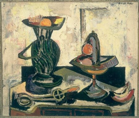 An oil painting titled Eggbeater and Urn by American artist Richard Miller. The composition features a still life with a green-striped urn, a decorative pedestal dish holding fruit, and an eggbeater lying on a table. The painting employs bold brushstrokes and a textured surface, with a muted color palette dominated by earthy tones. The background is abstract, adding depth and contrast to the arrangement of objects.