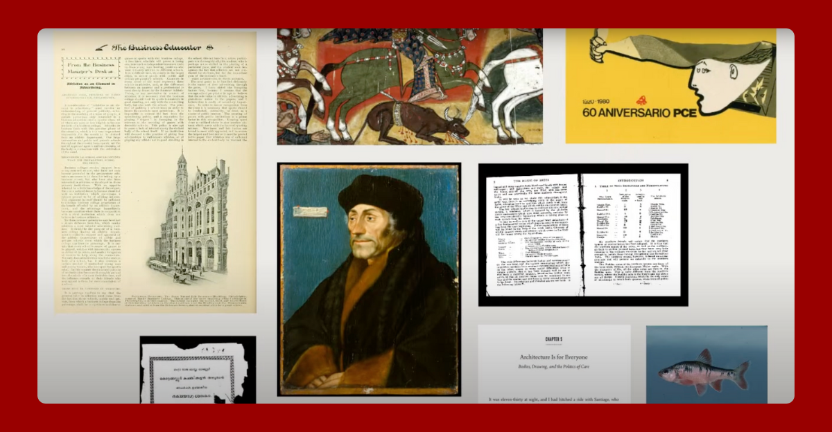 A digital collage of various historical and scholarly materials, illustrating the integration of primary and secondary sources on JSTOR. The image includes a historical newspaper page, a medieval manuscript illustration, a political poster, an oil portrait of a man in Renaissance attire, a typewritten archival document, and excerpts from academic texts. These diverse materials highlight JSTOR’s ability to bring together different content types—images, texts, and manuscripts—into a unified research experience.