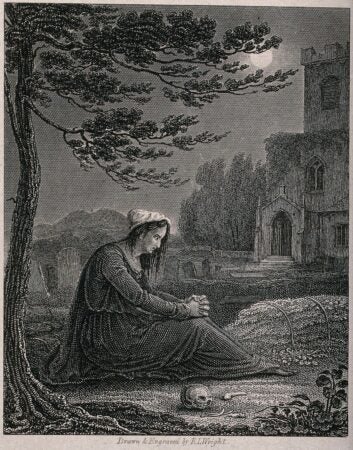 An engraving from the 19th century depicting a bereaved mother mourning at her daughter’s grave in a moonlit churchyard. She sits on the ground, hands clasped, her expression filled with sorrow and remorse. A skull and bone lie near her, symbolizing death and mortality. In the background, an ivy-covered church looms over the scene, with gravestones scattered around. The composition emphasizes grief, regret, and the passage of time.