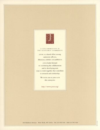 The final page of a JSTOR informational brochure. Centered is the JSTOR logo with the message: “A collaboration in the scholarly community,” describing JSTOR as a joint effort among scholars, librarians, and publishers. A URL (http://www.jstor.org/) invites readers to join the initiative.
