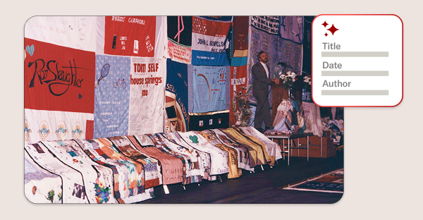Rows of AIDS Memorial Quilt panels drape across a stage while a speaker stands at a podium; an inset card shows blank fields for title, date, and author.