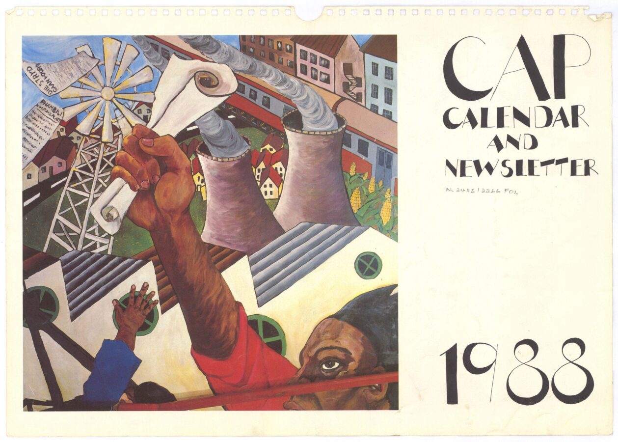 White poster with black lettering. Multicoloured artwork of a man with fist raised holding a white scroll against an industrial background.