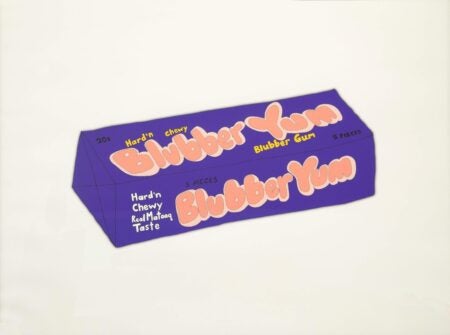 Digital artwork of a fictional gum package labeled “Blubber Yum” in pink letters on a purple background. The wrapper mimics commercial gum design and includes phrases like “Hard’n Chewy Real Mataaqq Taste,” referencing traditional Inuit food.